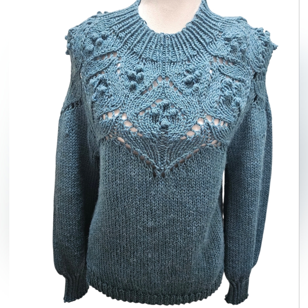 Hand Knit Ultra Fine Soft Sweater Bobbles Yoke Lace Teal Pullover Sz M